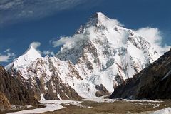 
Just after leaving Concordia, I looked up the Godwin Austin Glacier as the sun finally hit the K2 West Face, with Angel Peak (Angelus Peak) coming into view on the left. The K2 Southwest Pillar separates the sunlit South Face from the West Face mostly in shadow to the left. The South-southeast Spur is now lit up by the sun and arrives at the K2 Shoulder on the right. On the far right is the Abruzzi Ridge / Spur, the East-southeast ridge, the normal ascent route.
